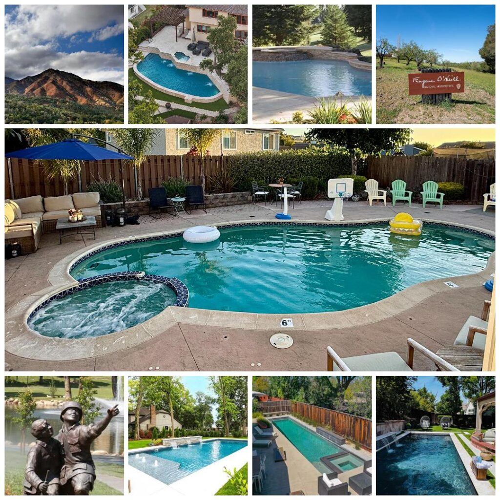 Pool service in Danville CA by Wrigley's Pool Co, with Danville landmarks including Mount Diablo, the Eugene O'Neill National Historic Site and Oak Hill Park